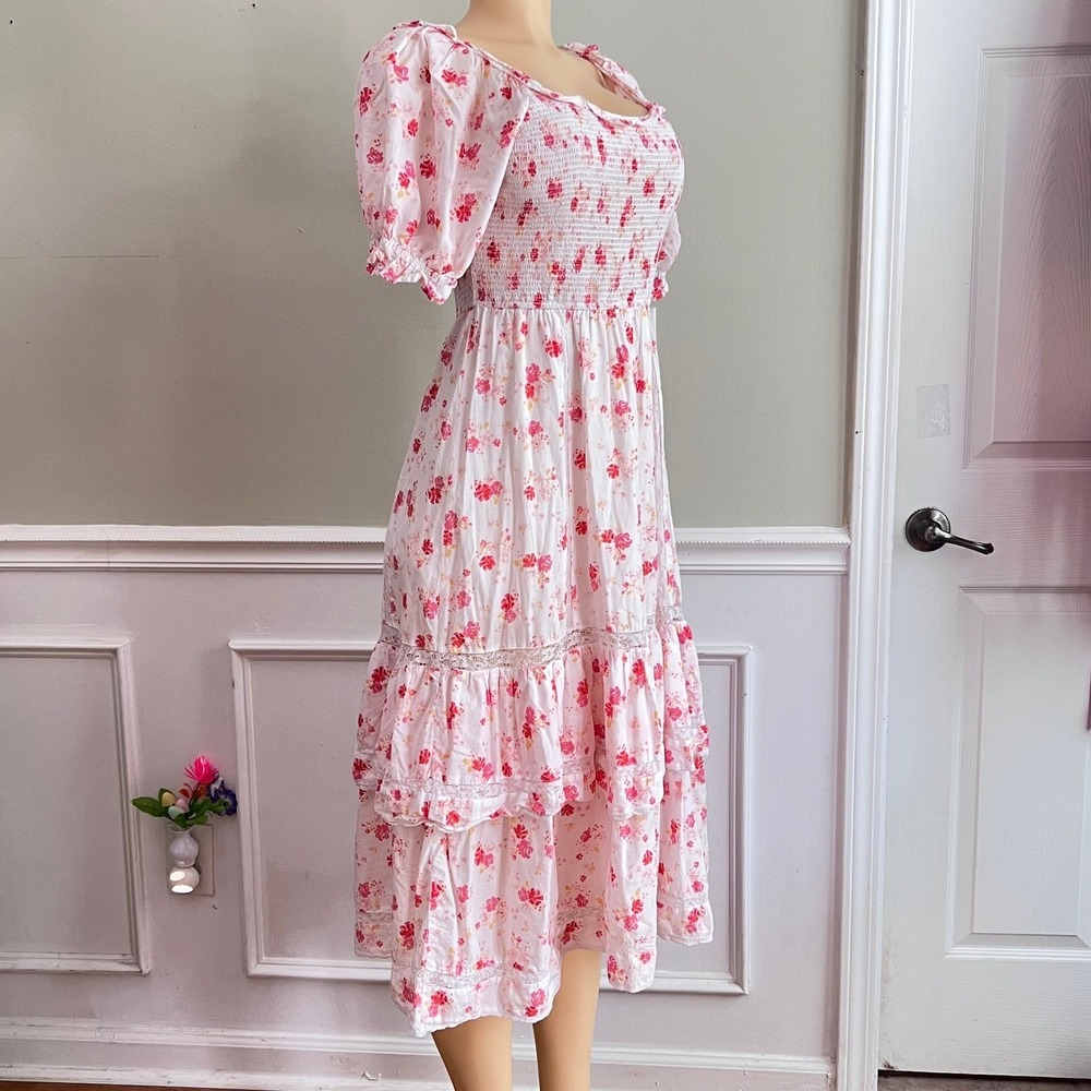 LoveShackFancy Dress Small Smocked Midi Puff Sleeve Pink Cottage Shabby Chic - Picture 13 of 14
